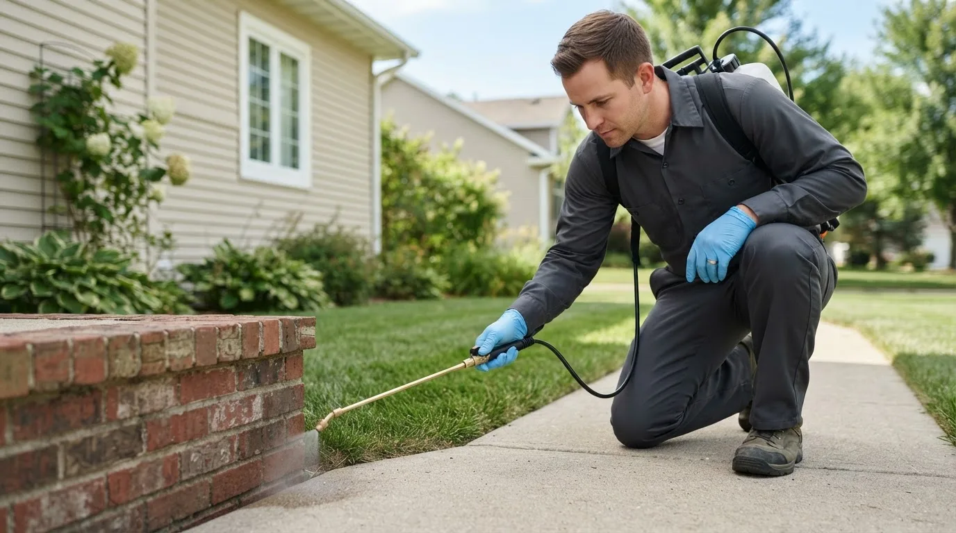 Pest control technician treating a home near Waterville, OH