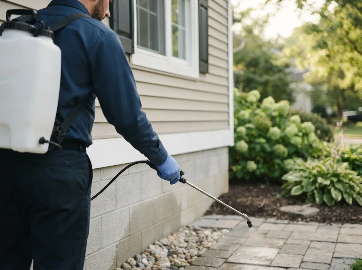 Pest control technician inspecting a home in Waterville, OH